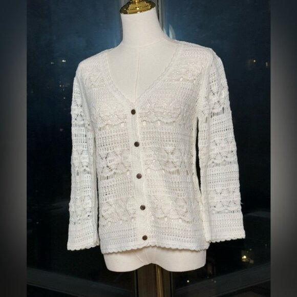 🆕 FARM Rio 🧿 NWOT White Crochet Button Up Cardigan Sweater, Sz S - Picture 1 of 15